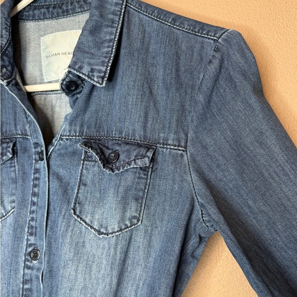 Silvian Heach Denim Cargo 100% Cotton Mini Dress Shirred Waist Button Up Size XS - Picture 8 of 16